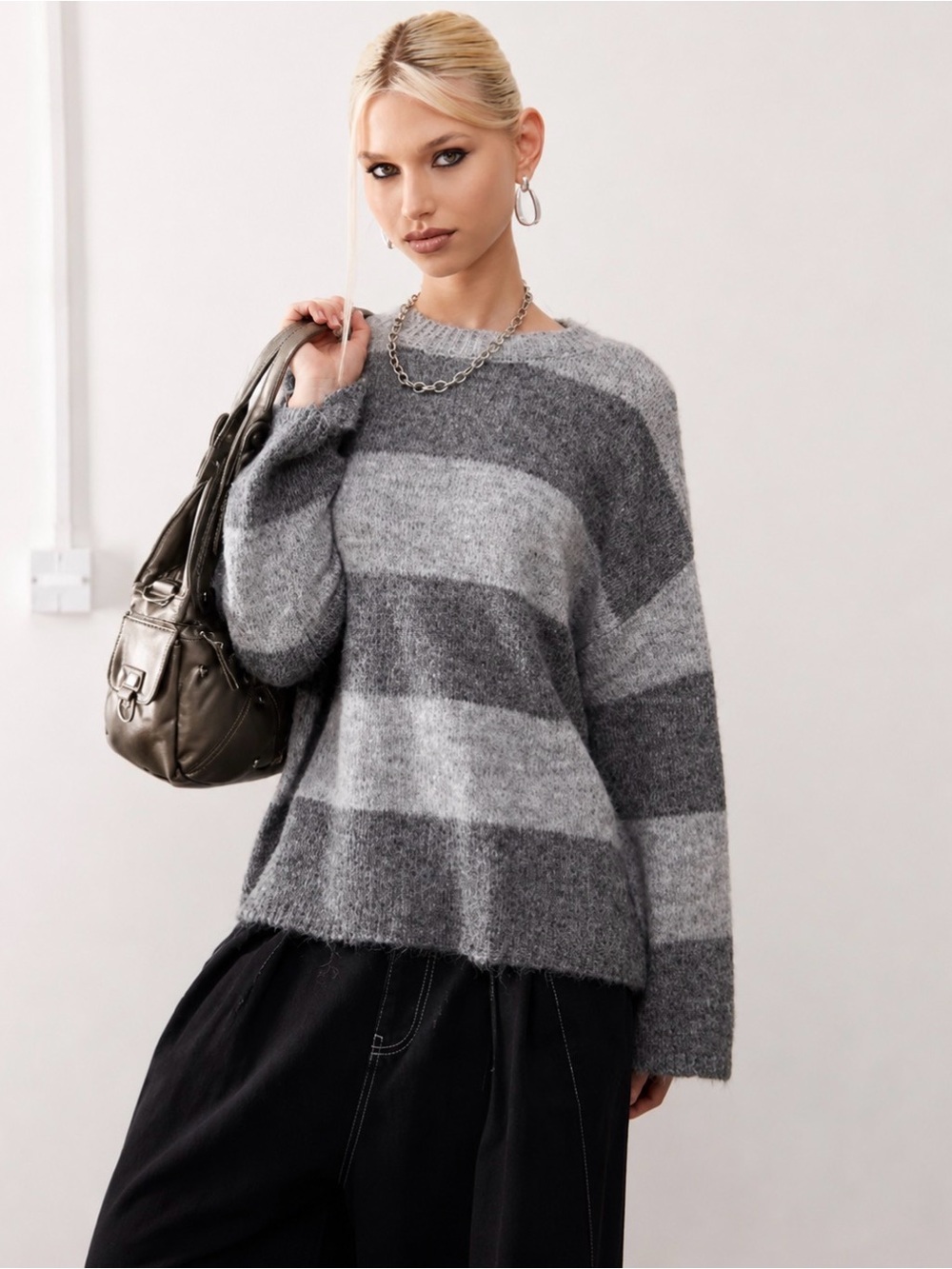 Noisy May Women’s Oversized Striped Knit Sweater Gray 2XL XXL Crewneck